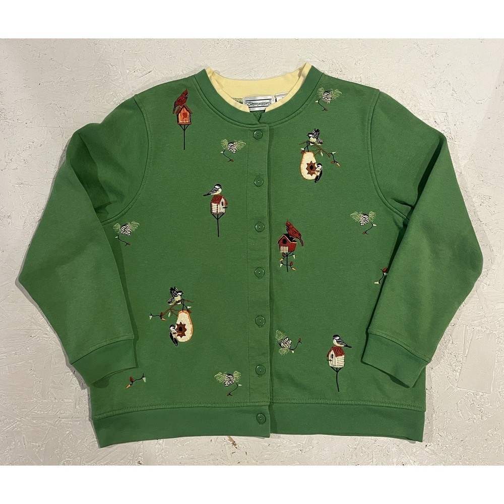 Vintage Shenanigans Cardigan‎ M Long Sleeve Bird Embroider Green Button Pullover